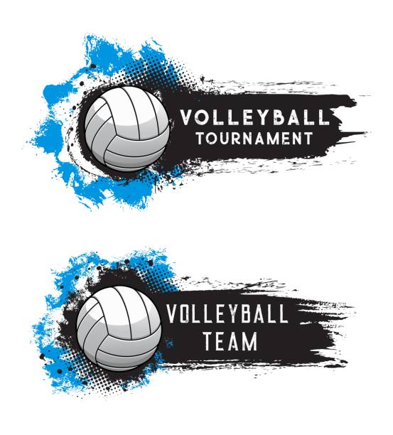Volleyball sport tournament, ball banner, halftone Volleyball sport tournament, ball on vector banner background with grunge halftone. Volleyball leisure game club and team league championship cup emblem with blue paint splash volleyball stock illustrations