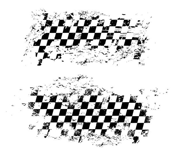 Racing flag of car race sport, auto rally, grunge Racing flag grunge design of vector car race sport, auto rally and motocross. Checkered pattern of start and finish motorsport flag, black and white squares old texture with scratches checked pattern stock illustrations