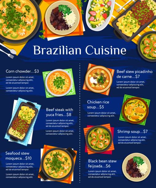 Brazilian cuisine vector menu template, meals Brazilian cuisine vector menu template avocado strawberry salad, corn chowder and black bean stew feijoada. Beef stew picadinho de carne, shrimp soup, seafood stew moqueca and chicken rice soup meals chowder stock illustrations