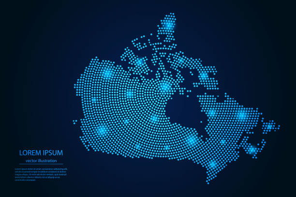 ilustraciones, imágenes clip art, dibujos animados e iconos de stock de imagen abstracta mapa de canadá desde el azul punto y estrellas brillantes sobre un fondo oscuro - map of canada