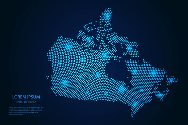 ilustrações, clipart, desenhos animados e ícones de imagem abstrata mapa canadá a partir de azul ponto e estrelas brilhantes em um fundo escuro - map usa canada cartography