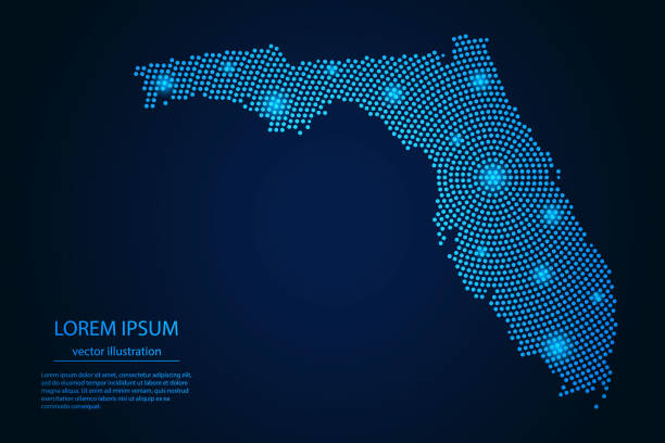 абстрактное изображение карты флориды из точки синий и светящиеся звезды на темном фоне - florida stock illustrations