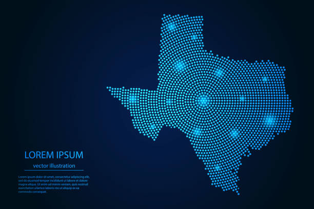 abstraktes bild texas karte von punkt blau und leuchtende sterne auf dunklem hintergrund - map usa three dimensional shape cartography stock-grafiken, -clipart, -cartoons und -symbole