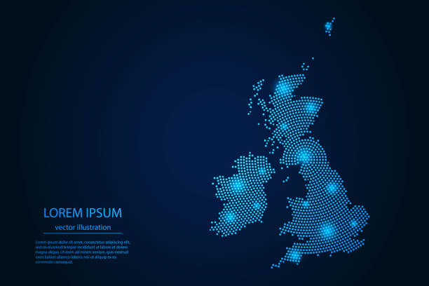 абстрактное изображение карты соединенного королевства с точки синий и светящиеся звезды на темном фоне - великобритания stock illustrations