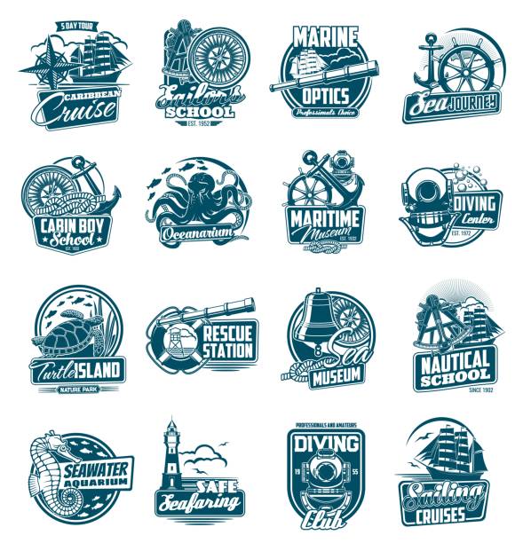 Marine sailing and nautical journey icons set. Sailboat steering wheel, vintage diving suit helmet and anchor, oceanarium sea animals, rescue station lifebuoy and compass, ropes engraved vector