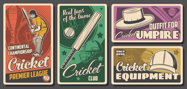 ilustrações de stock, clip art, desenhos animados e ícones de cricket club and sport championship posters retro - sport of cricket cricket player fielder sport