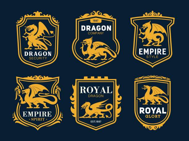 Royal heraldic icons with dragons, fairytale monsters. Coat of arms with golden dragons silhouettes, rearing winged mythological or fantasy animal. Company emblem in shield frame and ornate border