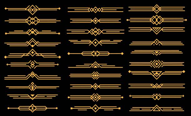 Art deco vector elements dividers or headers set Art deco vector elements dividers or headers. Decorative line borders or frames in geometric victorian style, elegant vintage design, antique bordering symbols isolated on black background, icons set art deco stock illustrations