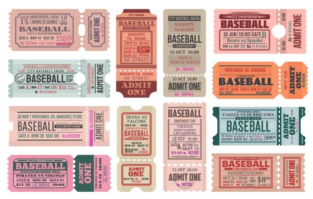 ilustraciones, imágenes clip art, dibujos animados e iconos de stock de plantillas vectoriales de boletos retro de juegos deportivos de béisbol - ticket stub