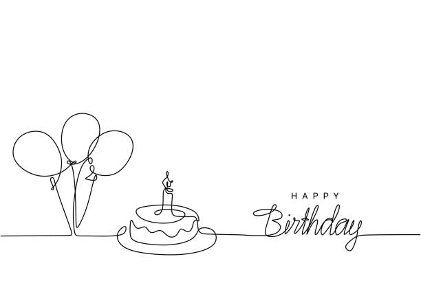 happy birthday ciągły rysunek linii, odręczny napis z symbolicznym balonem partii i tort urodzinowy. jedna ręka rysowana w minimalistycznym stylu. - urodziny stock illustrations