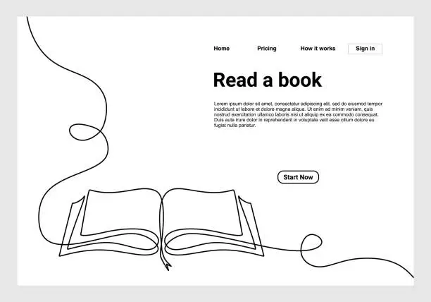 Vector illustration of Continuous one line drawing open book with flying pages. illustration education supplies back to school theme for landing page website. Book one line drawing banner.