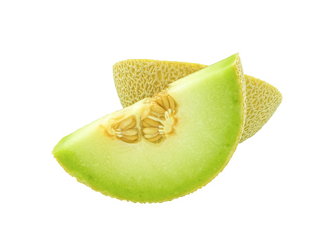 Fresh green and yellow water melon fruit cut two pieces prepare for eat. Slice half prepare for serve. Isolated on white background with clipping path
