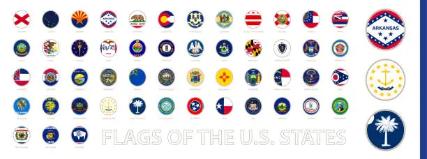 Vector illustration of Round Circle Flag of the US States Sorted Alphabetically.