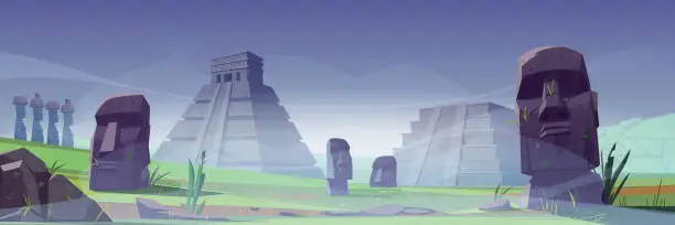 Vector illustration of Ancient moai statues and mayan pyramids in fog