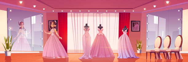 Wedding shore with woman fitting bride dress Wedding shore with woman fitting bride dress. Vector cartoon interior of bridal boutique with mannequins with luxury female gowns, big mirrors, chairs and girl in pink dress red evening gown mannequin indoors stock illustrations