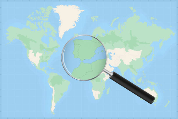 ilustrações de stock, clip art, desenhos animados e ícones de map of the world with a magnifying glass on a map of gibraltar. - peninsula