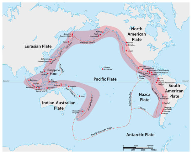 vektorkarte des pazifischen feuerrings mit den wichtigsten vulkanischen vulkanen - erdbeben stock-grafiken, -clipart, -cartoons und -symbole