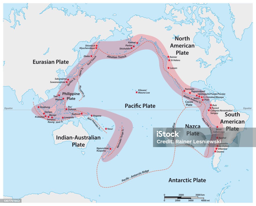 Mapa vetorial do Anel de Fogo do Pacífico com os principais vulcões - Vetor de Anel de Fogo do Pacífico royalty-free