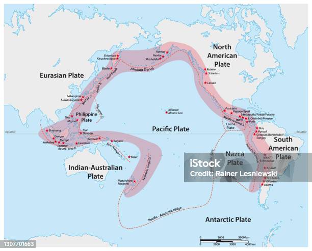 Vetores de Mapa Vetorial Do Anel De Fogo Do Pacífico Com Os Principais Vulcões e mais imagens de Anel de Fogo do Pacífico