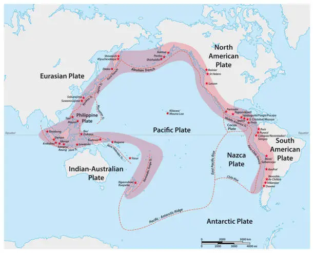 Vector illustration of Vector map of the Pacific Ring of Fire with the main volcanoes
