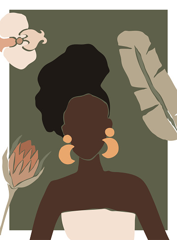 Female shape, silhouette on retro tropical background. Abstract woman portrait in pastel colors. minimalistic style