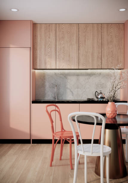 istock mock up modern interior background, peach dining room with chair and dining table, minimal style, 3D render, 3D illustration 1307702213