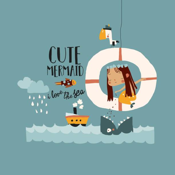istock Cartoon little mermaid feeding fish in blue sea 1307703220
