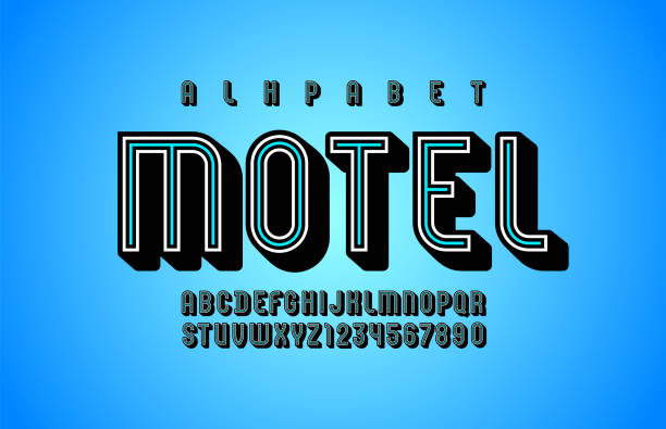 3D modern Font, trendy alphabet, condensed letters and numbers with line, vector illustration 10eps 3D modern Font, trendy alphabet, condensed letters and numbers with line, vector illustration 10eps motel stock illustrations