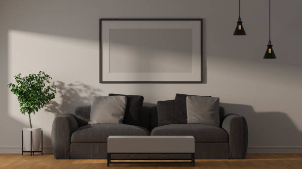 istock 3D rendering, modern living room interior design with couch, coffee table, lamp, frame, plant and other decorations 1307705659