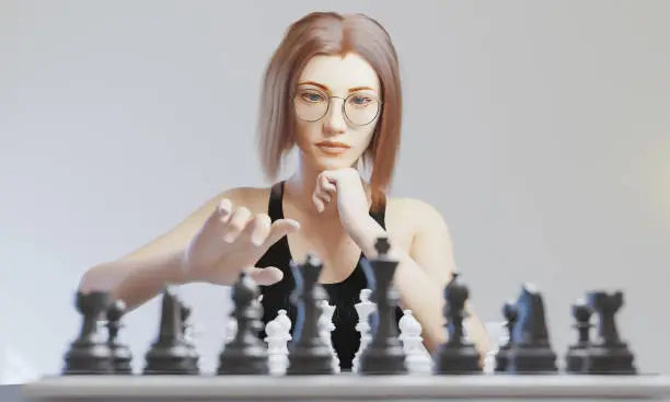 white and red-haired girl with round glasses playing chess. view from opponent with blurred pieces. 3d rendering