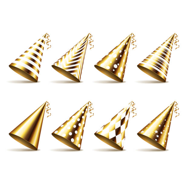 Gold party hats set collection with various patterns, isolated on white background. Gold party hats set collection with various patterns, isolated on white background. party hat stock illustrations