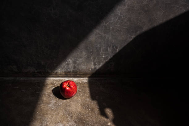 A red apple in dark and light structure background in natural light in an artistic way.
