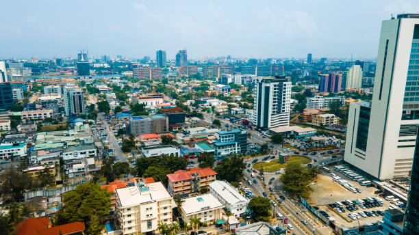 Aerial street view of Lagos Drone shot of popular places in the luxurious parts of Lagos, Nigeria. lagos nigeria stock pictures, royalty-free photos & images