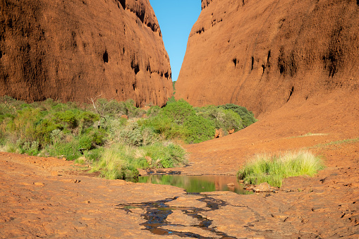 Northern Territory, Australia - March 30, 2016: The sun shines down on the dramatic landscape of the Valley of the Winds and the Walpa Gorge at Kata Tjuta (also known as the Olgas), a spectacular sandstone monolith in the middle of the Australian Outback.