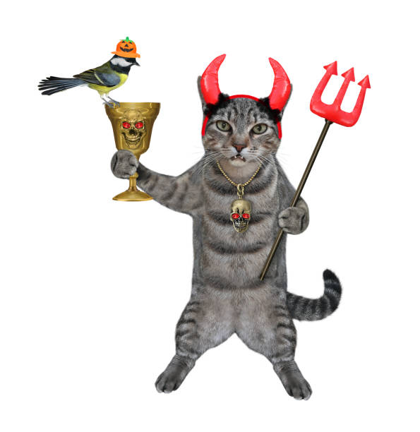 istock Cat gray in red horns holds goblet 1307716753