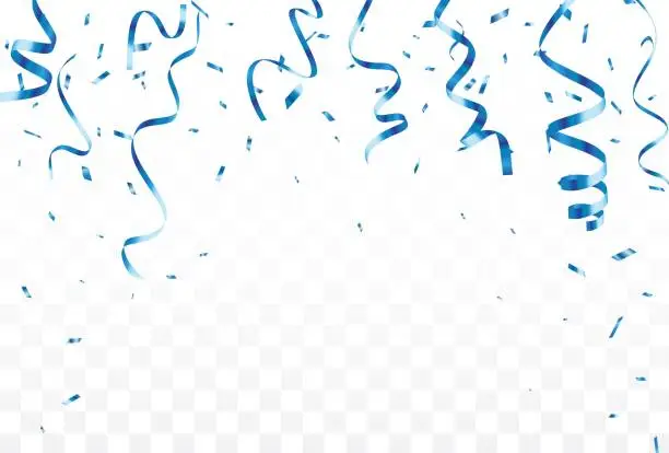 Vector illustration of Blue confetti and ribbon, isolated on transparent background