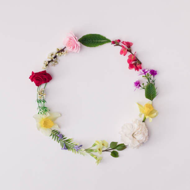 istock A circle of flowers, leaves and branches on white background with copy space. 1307718294