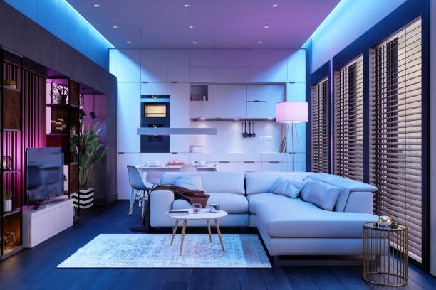 sala de estar moderna e cozinha de plano aberto à noite com luzes neon. - futuristic indoors inside of abstract - fotografias e filmes do acervo