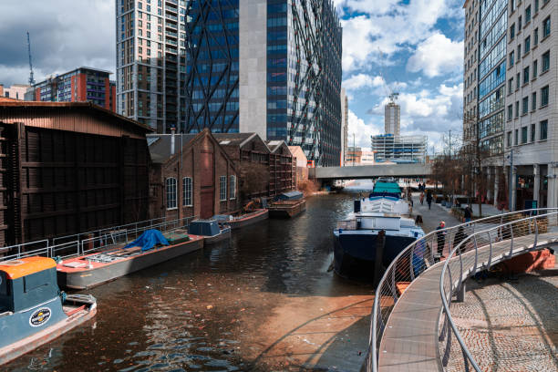 London, UK - 13 March, 2021: color image depicting the modern urban architecture of a new development around the Little Venice canal area in Paddington, London, UK.