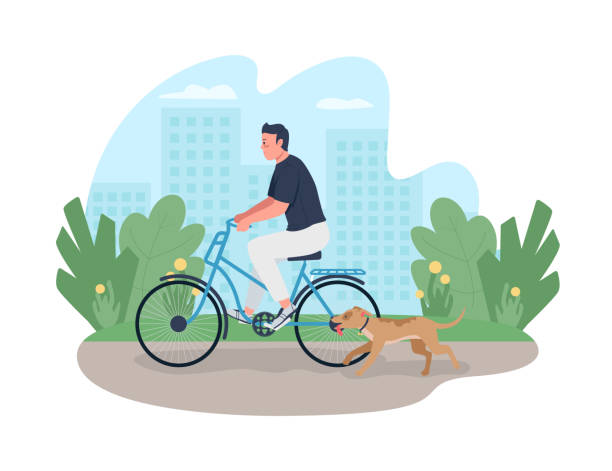 ilustrações, clipart, desenhos animados e ícones de homem andando de bicicleta com cachorro correndo perto de banner de vetor 2d, cartaz - men jogging running sports training