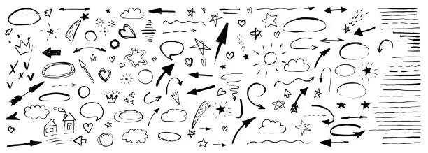 Vector illustration of Hand drawn doodle design elements, black on white background. Swishes, swoops, emphasis, Arrow, crown, brush stroke. doodle sketch design elements