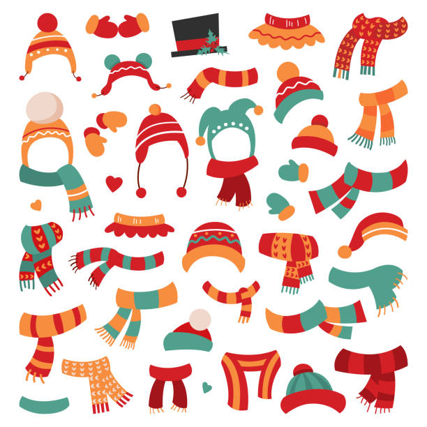 ilustrações de stock, clip art, desenhos animados e ícones de hats and scarves a collection of funny hats and scarves. eps 10 vector grouped for easy editing - scarf hat green glove