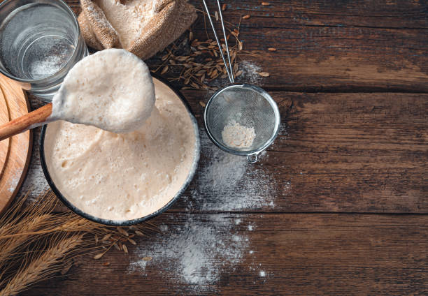 istock Stirring with a spoon of active starter culture. Ingredients for making bread 1307725016