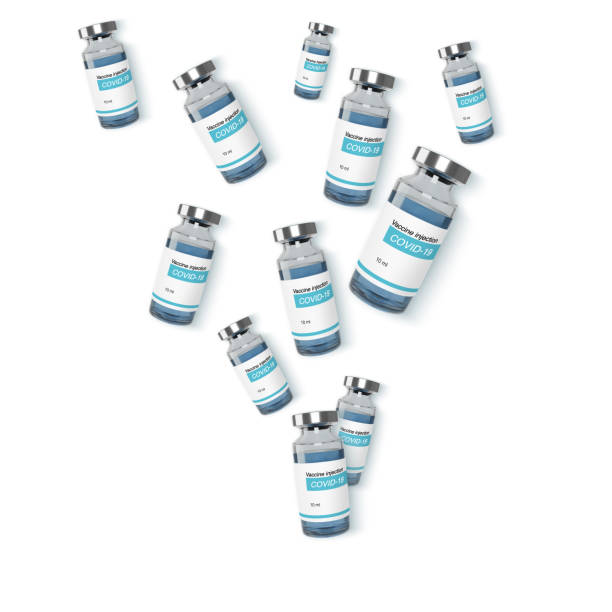 istock Glass vaccine bottle. Vaccination medicine global programm banner. Vector illustration isolated on white 1307725055