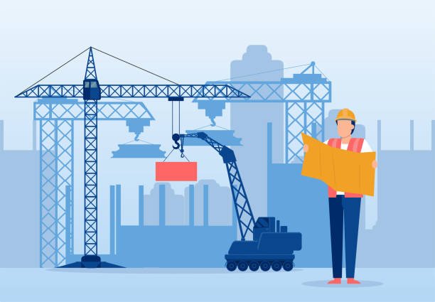 Vector of an architect reviewing plan of a new building at a construction site Vector of an architect in a helmet reviewing plan of a new building at a construction site building activity illustrations stock illustrations