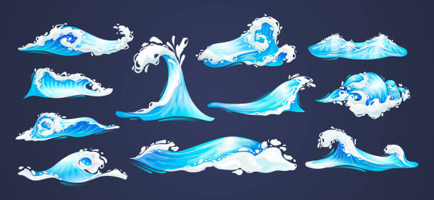 Sea ocean wave set. Blue water ocean waves, marine surf wave, ripples tides sea storm, tsunami, tidal different shapes, splash water motion with spray isolated vector Sea ocean wave set. Blue water ocean waves, marine surf wave, ripples tides sea storm, tsunami, tidal different shapes, splash water motion with spray isolated vector cartoon illustration tsunami wave stock illustrations