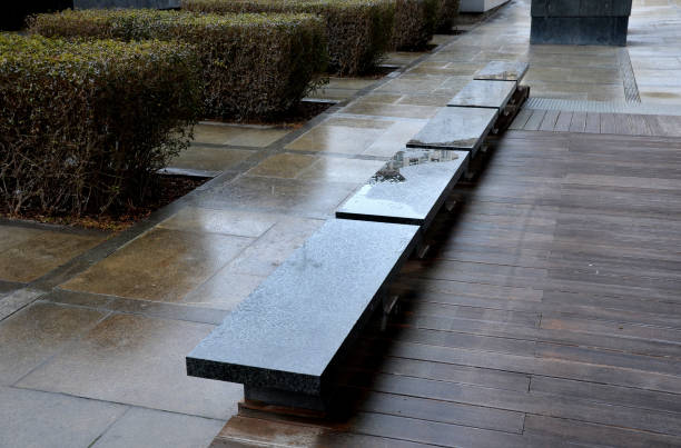 tropical wood plank ramp with wheelchair specially adapted for wheelchairs. metal guide rails for blind people. security entrance to the hotel terrace. dark benches near the polished granite slab. - formal garden tropical climate park plant imagens e fotografias de stock