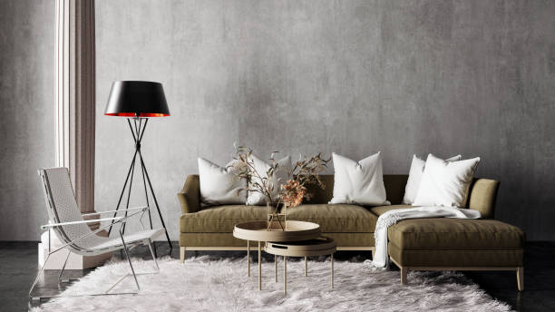 istock Modern living room interior design with white carpet and empty concrete wall 1307728873