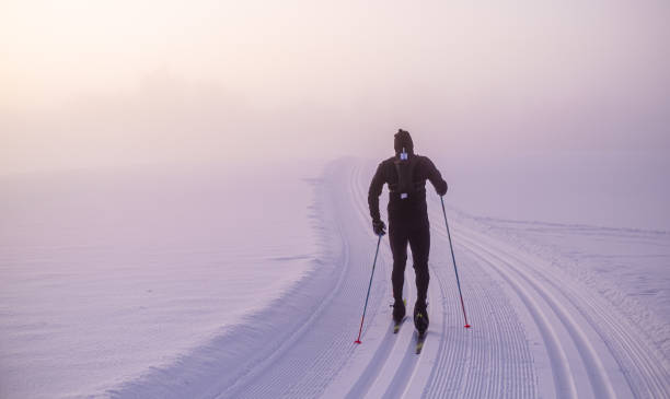 後ろから見た男のクロスカントリースキー。 - mens cross country skiing ストックフォトと画像