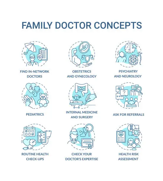 Vector illustration of Family doctor blue concept icons set